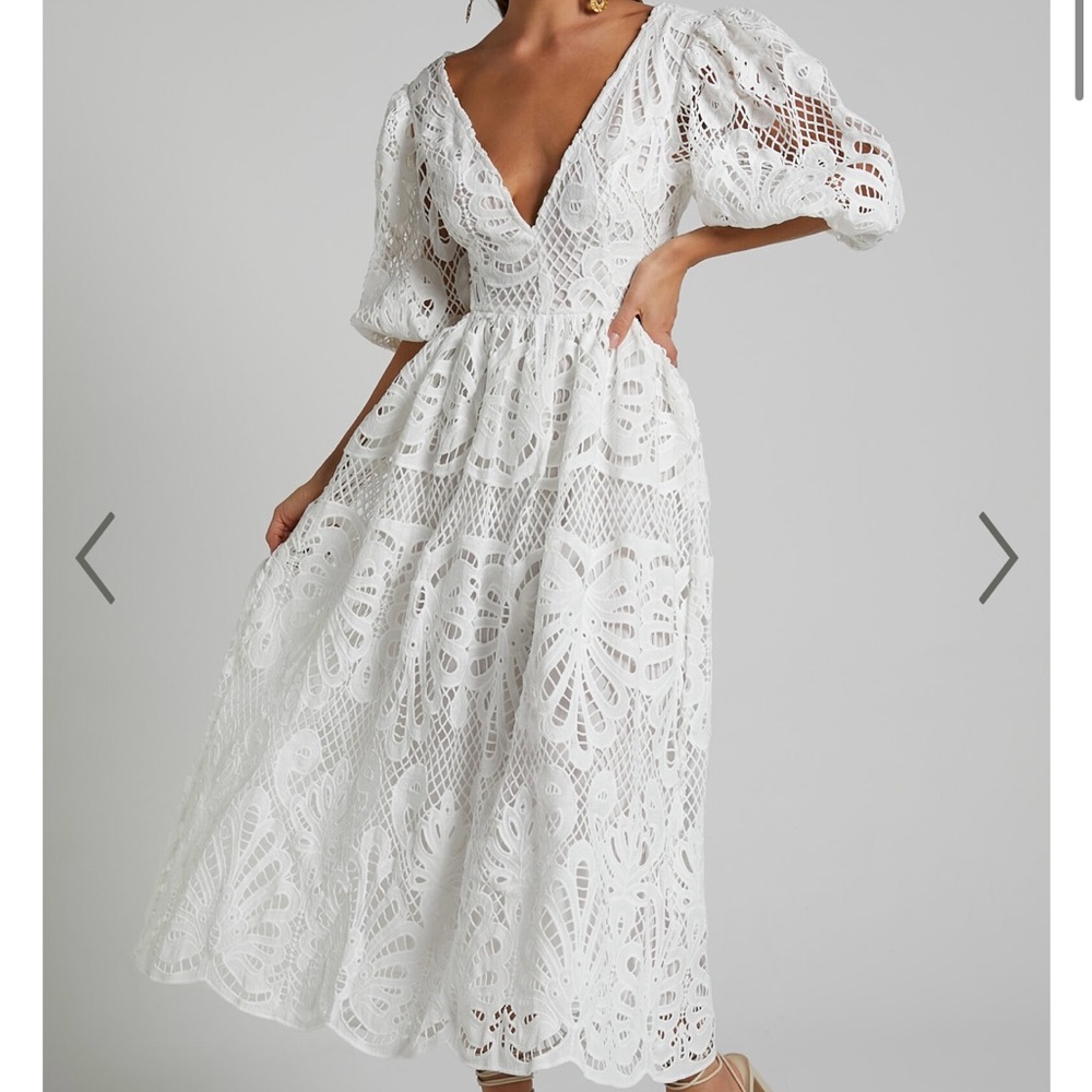 ANIESHAYA MIDI DRESS - V NECK CUT OUT LACE DRESS IN WHITE